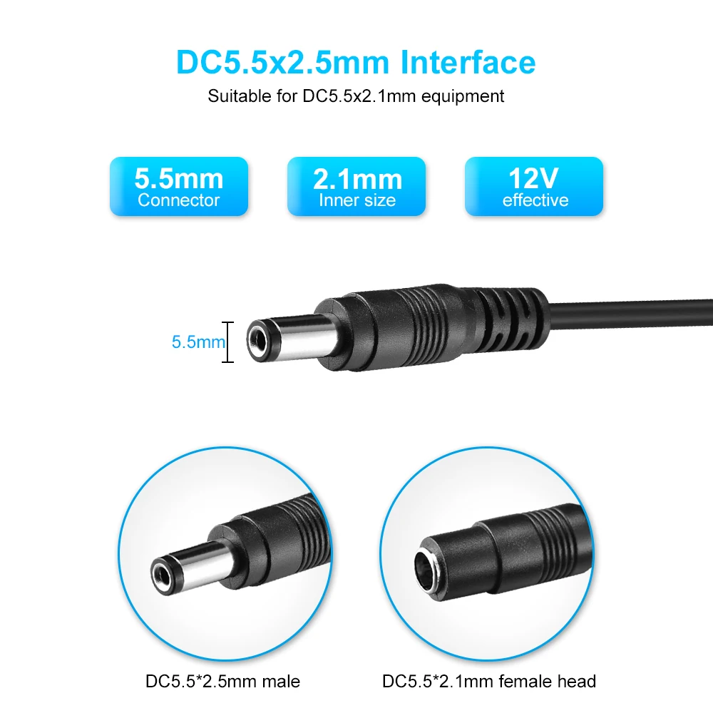 Gadinan DC12V Power Cord Cable Extender 3m/5m/10m 5.5mm x 2.1mm Male Plug Extension Cord For 12V Security CCTV IP Wifi Camera