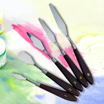 

5PC Set Gouache Oil Painting Toning Wooden Handle Scraper Professional Stainless Steel Gouache Painting Knife 4.9