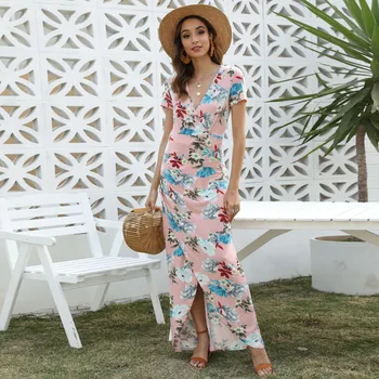 

Pink Floral Printed Maxi Dress Ruched V-Neck Short Sleeve Side Split Pencil Dress Ladies Sexy Summer Dress Vestidos De Verano