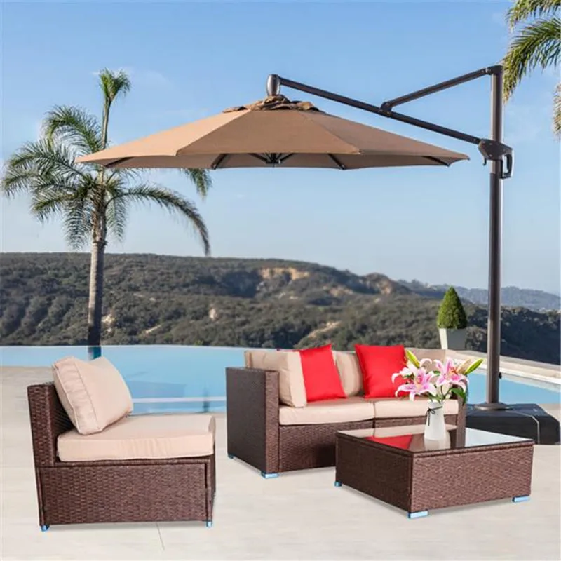 

4 Pieces Wood Grain Patio PE Wicker Rattan Corner Sofa Set
