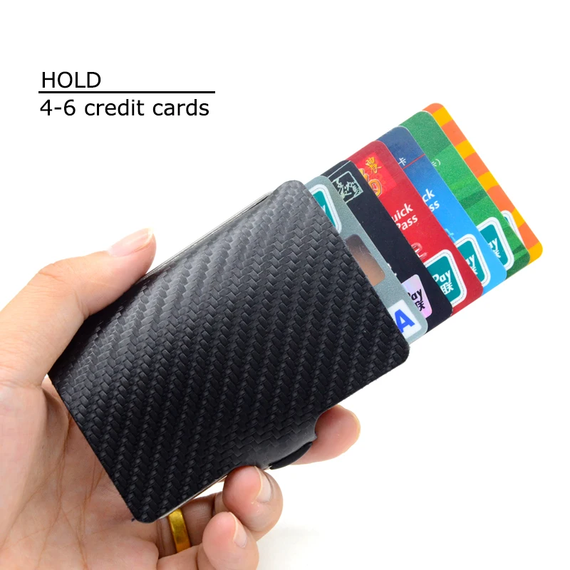 BONAMIE Man Small Credit Card Holder Wallet With Gift Box Carbon Fiber Genuine Leather Bank Card Case With Elastic Clip For Male