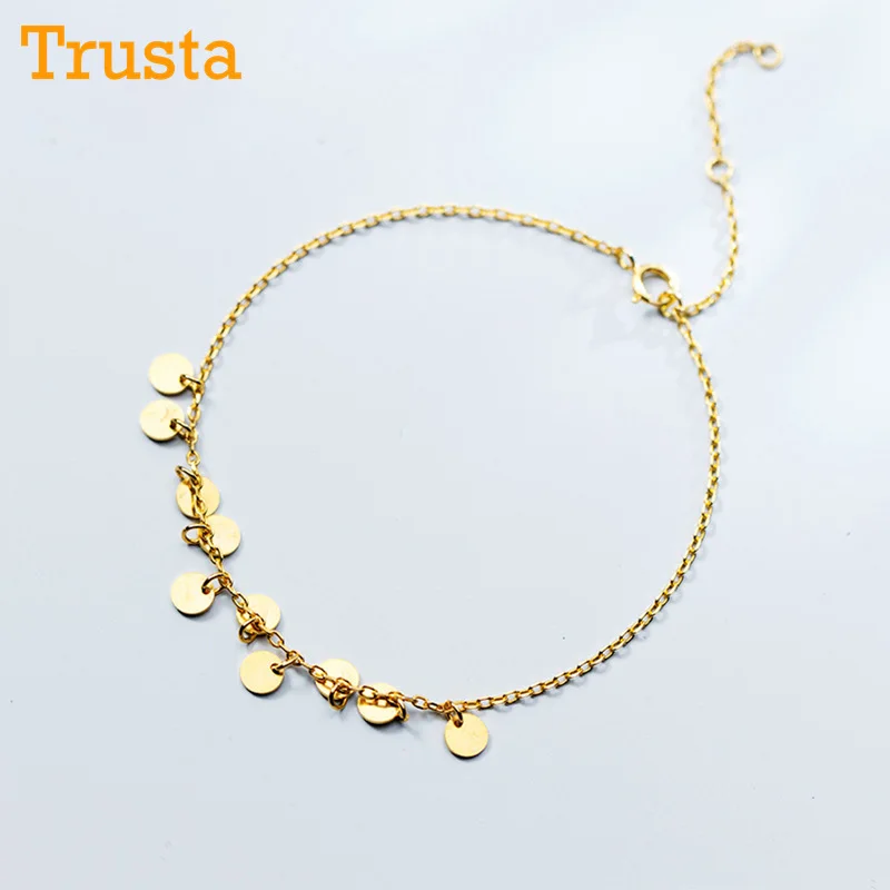 Trusta 100% 925 цельное Настоящее серебро Модные женские Золотые круглые вафли Браслет