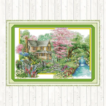 

Flowers Villa Stamped Cross Stitch Set Embroidery Kit 14CT 11CT Printed Fabric Handmade Embroidery Sets DIY Needlework Sets DMC