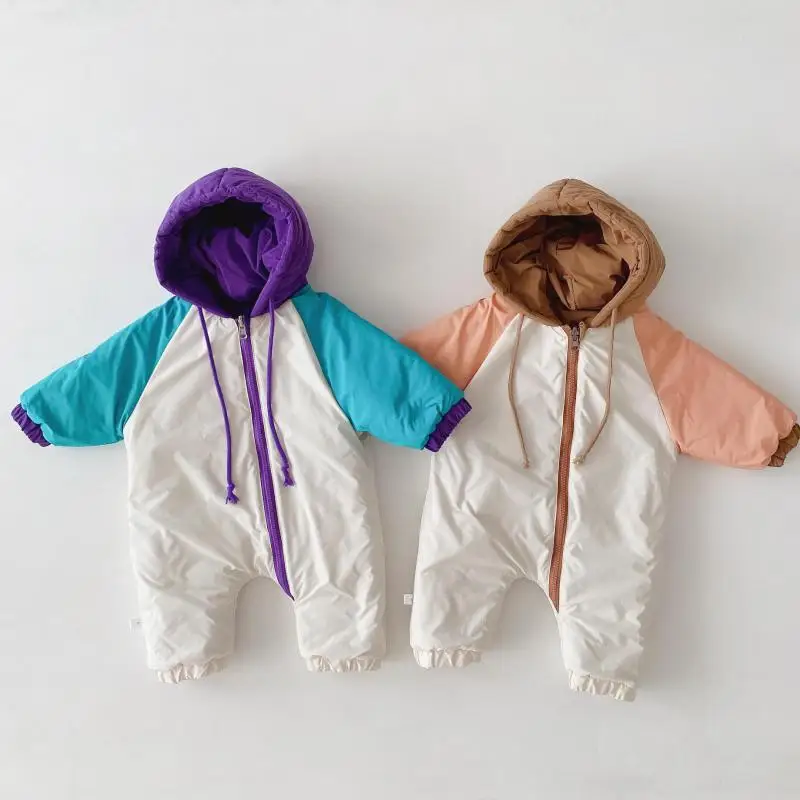 

2020 Winter Warm Thick Clothes Infant Baby Snowsuit Boy Girl Romper Double Sided Toddler Down Jacket Hooded Jumpsuit Outfits