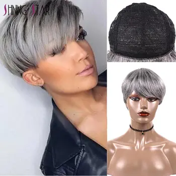 

T1B Gray Lace Part Human Hair Wigs Straight Hair Bob Wig Ombre Grey Brazilian Remy Short Bob Human Hair Wigs 150 Shining Star