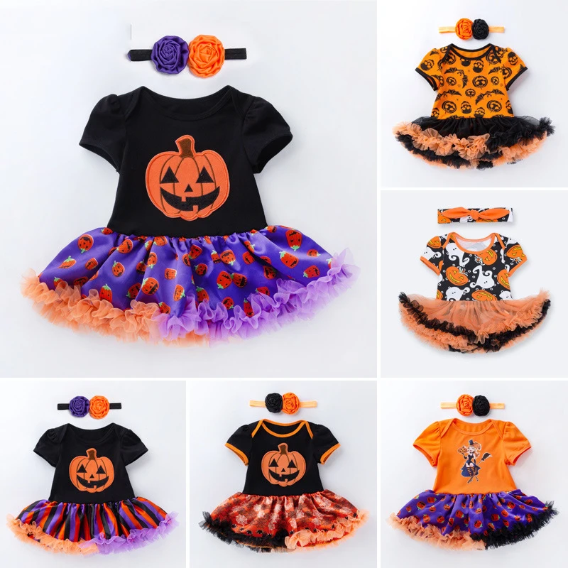 

Baby Girl's Halloween Cartoon Pumpkin Short-Sleeved Baby's Gown Cotton Dress Infant Toddler Baby Girl's Outfits Newborn Sets