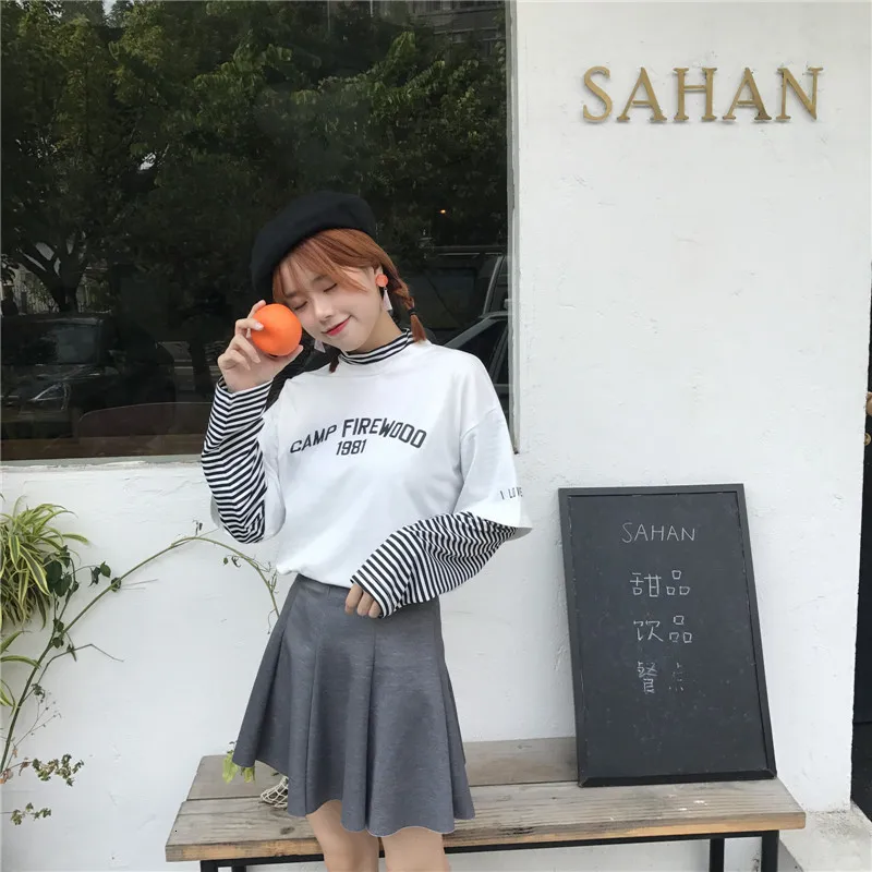 Women's T-shirts Tunic Kawaii Ladies Vintages Triped Long Sleeve T-shirt Female Ulzzang Harajuku Tee For Women Casual Top