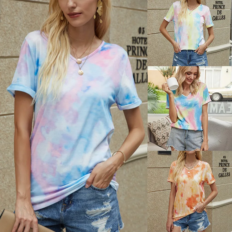 

Fashion Women Tops 2020 Summer Women's Clothing Gradient Color Tie Dyed Short Sleeve Loose Top Casual T Shirt Female 6 Color