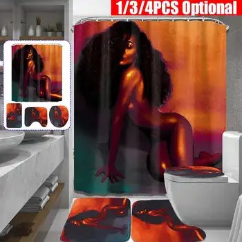

African American Women with Crown Shower Curtain Afro Africa Girl Queen Princess Bath Curtains with Rugs Toilet Seat Cover Set