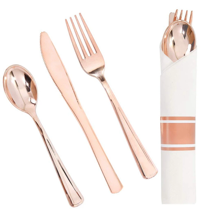 200Pcs Rose Gold Plastic Rose Gold Cutlery with Napkins-Heavyweight Disposable Flatware Includes 50x Forks, 50x Spoons, 50x Kniv