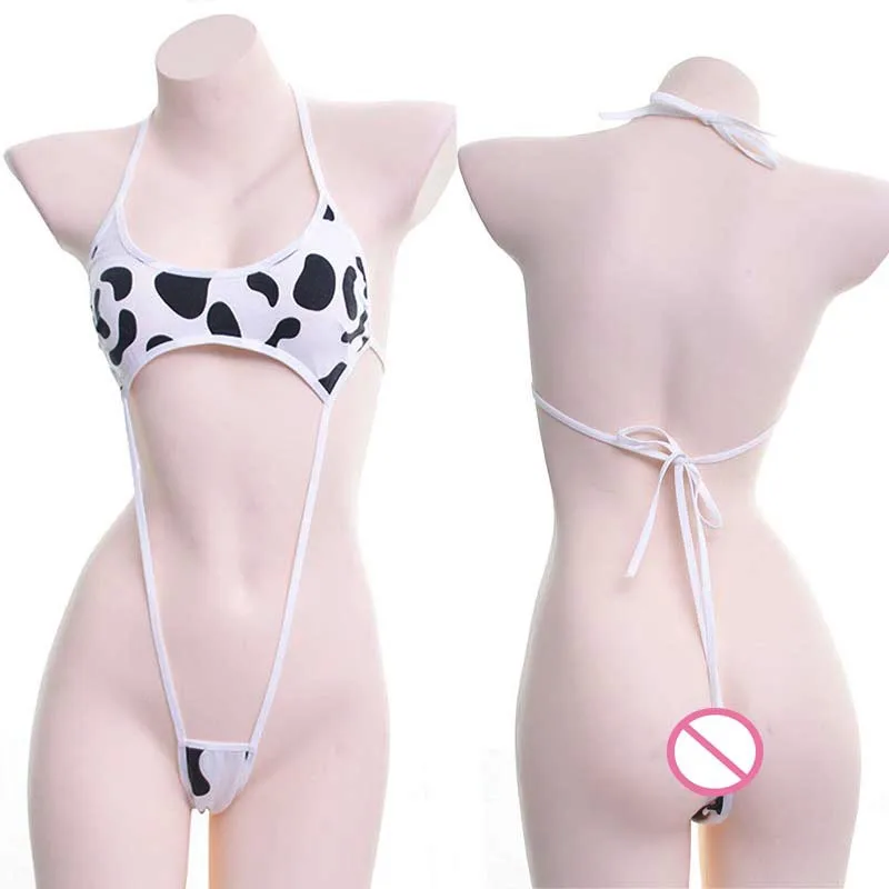 Sexy Cow Print One Piece Sling Bikini Lingerie Back G-String Underwear Japanese Sweet Lolita Girl Erotic Swimwear Fancy Dress |