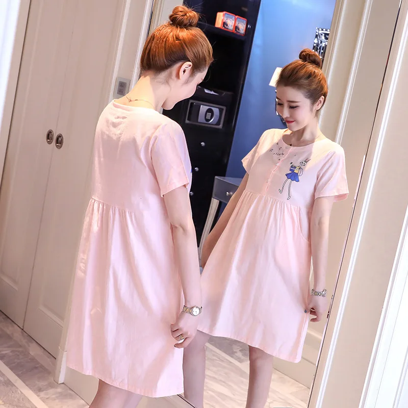 

Summer Wear New Style Maternity Clothes Stripes Embroidery Short Sleeve Pregnant Women Dress Loose Maternity Dress
