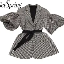 GetSpring Women Blazer Single Breasted Puff Sleeve Plaid Ladies Blazer Coat Retro Lace Up Women's Slim Suit Jacket Autumn
