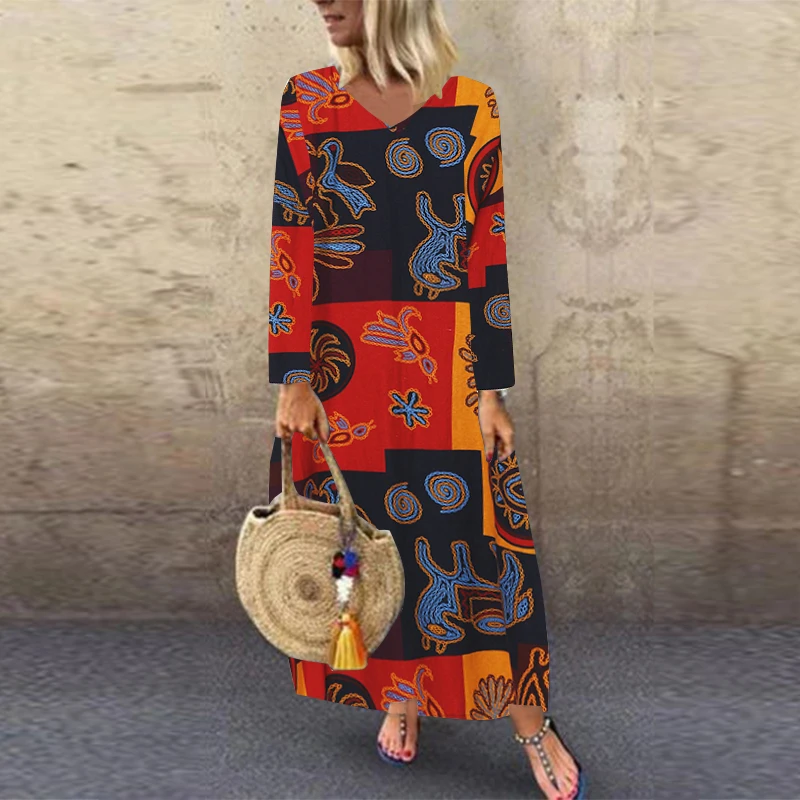 Long Sleeve Printed ZANZEA женское летнее хлопковое льняное платье с коротким рукавом Vestido Robe Kaftan Femme Винтаж V образным вырезом цветочный принт праздничный сарафан 5XL - Цвет: Long Sleeve Printed