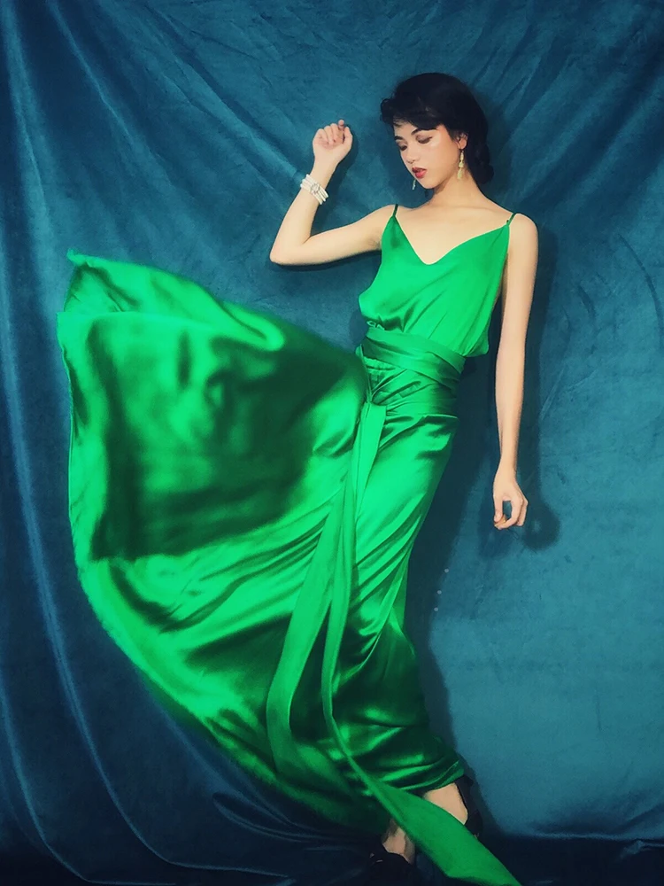 Atonement Green Skirt V-Neck Retro Thin Suspender Dress Vacation