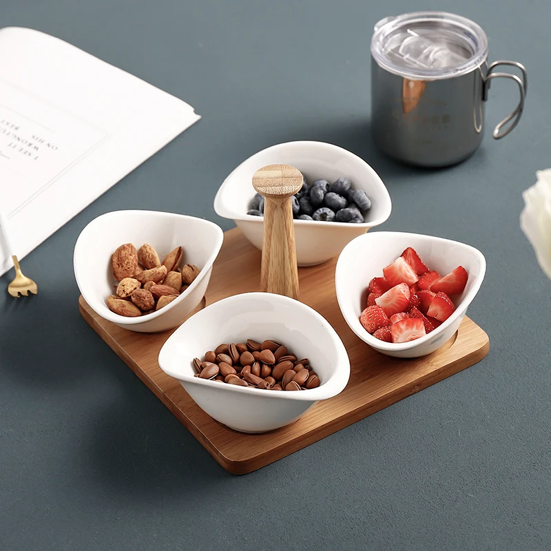 Ceramic Fruit Platters with Bamboo Cover Desktop Jewelry Storage Box Food Storage Container Snack Boxs Storage Organizer
