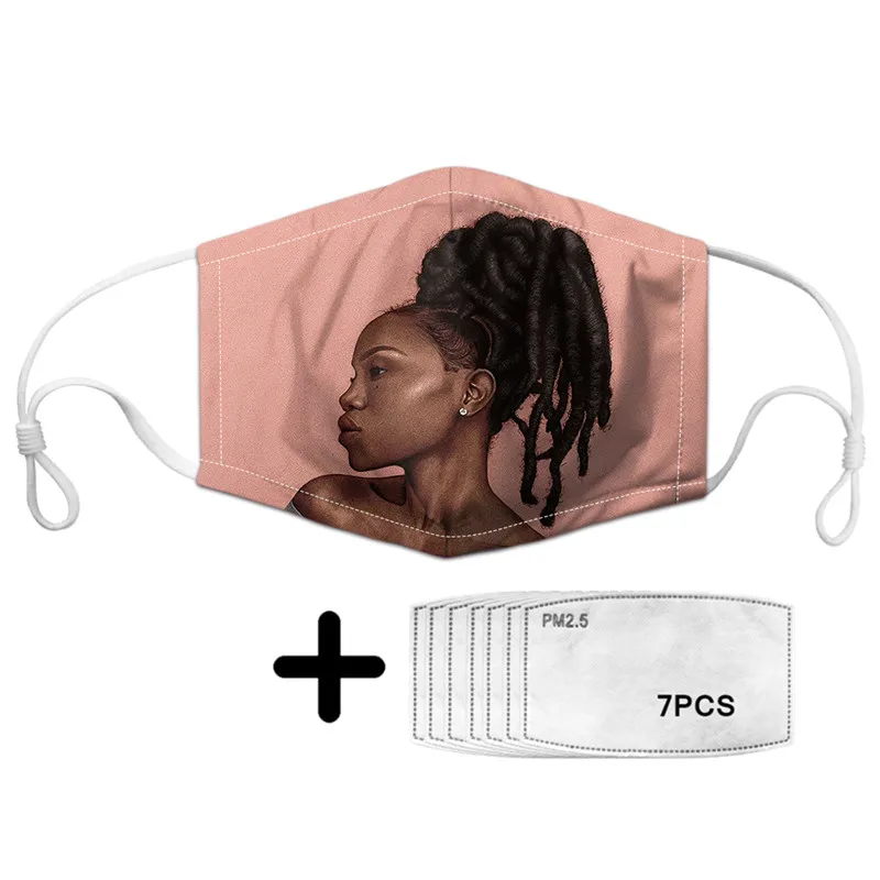 

Soft And Breathable Mouth Mask With African Girl Pattern Women Face Mask Add In 7PCS Replaceable Filters Polyester Cubre Bocas