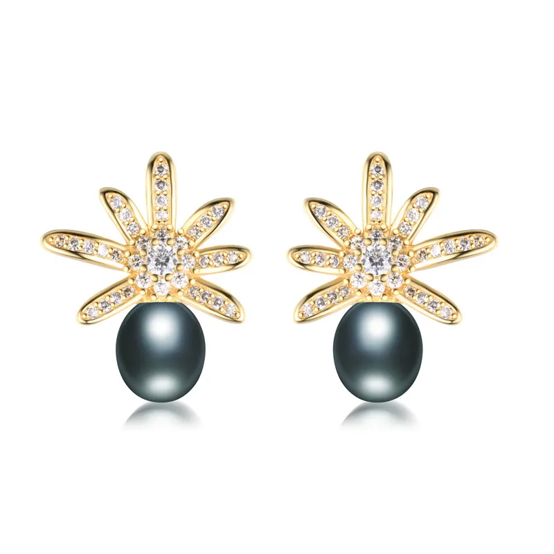 Dainashi, 925 пробы, серебро, циркон, золотой цвет, серьги-ромашки, новинка, настоящие серьги из натурального пресноводного жемчуга для женщин - Цвет камня: Черный