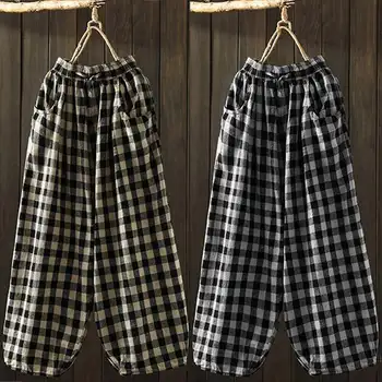 

ZANZEA Vintage Women's Wide Leg Pants Plaid Trousers Elastic Waist Pantalon Palazzo Female Casual Drawstring Turnip Plus Size
