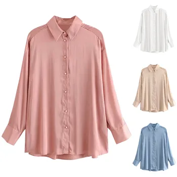 

Womens Tops Fashion Turndown Collar Solid Long Sleeve Button Silk Shirt Blouse Loose Casual Daily Female Turn- down Collar