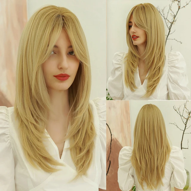 JONRENAU Long Natural Synthetic Straight Layered Hairstyle Wig Black Ombre Brown To Blonde Wigs for Black Women with Bangs Hair 259-3