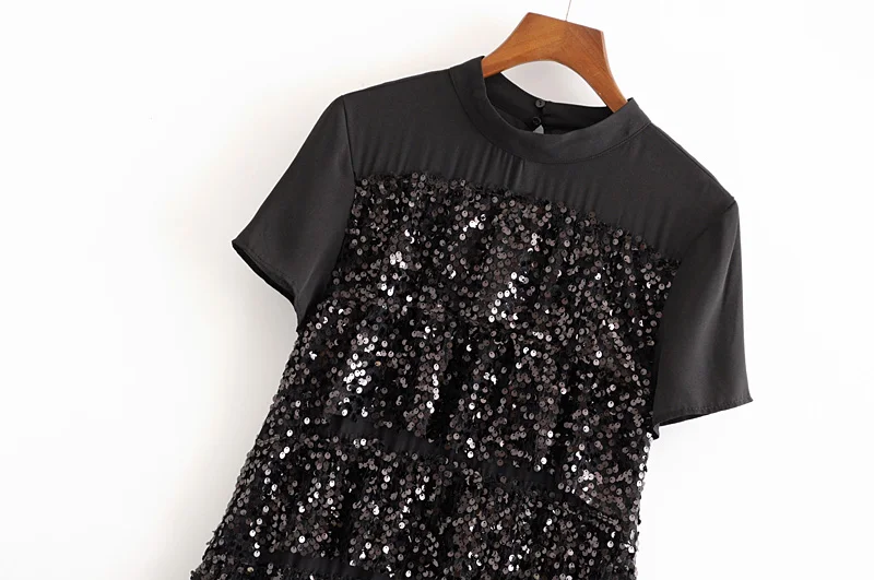 Женское платье-рубашка с блестками в стиле пэчворк, стильное черное платье с коротким рукавом, женское платье с круглым вырезом, прямой свободный сарафан, Vestido