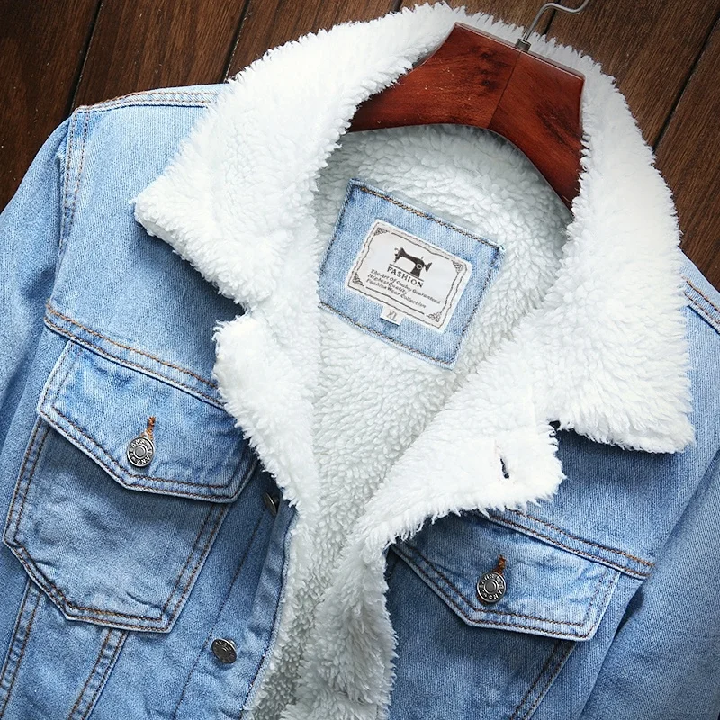 Зимняя джинсовая куртка мужская плюс бархат утолщение овечья шерсть подкладка джинсовая куртка теплая зимняя Толстая прямая джинсовая куртка