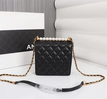 

2020 Luxury classic women Plaid Pearl series cowhide small square bag fashionable brand leather shoulder bag 15cmX5cmX15cm