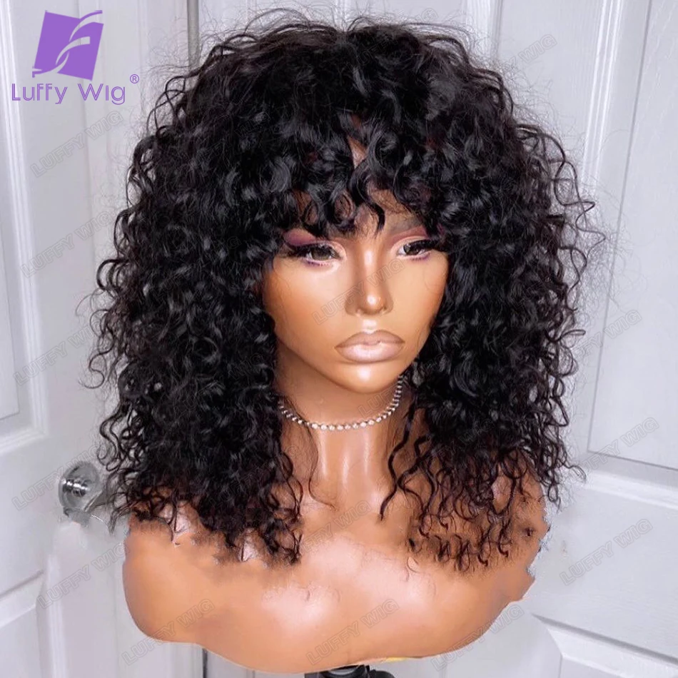 180 Density Curly Full Machine Made Scalp Top Wig With Bangs Remy Brazilian Curly Human Hair Wigs For Women Glueless LUFFY