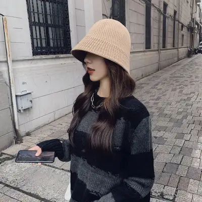 New fashion casual thick warm winter solid knit cap temperamental women comfortable high quality elegant cute solid bucket hat frog bucket hat Bucket Hats