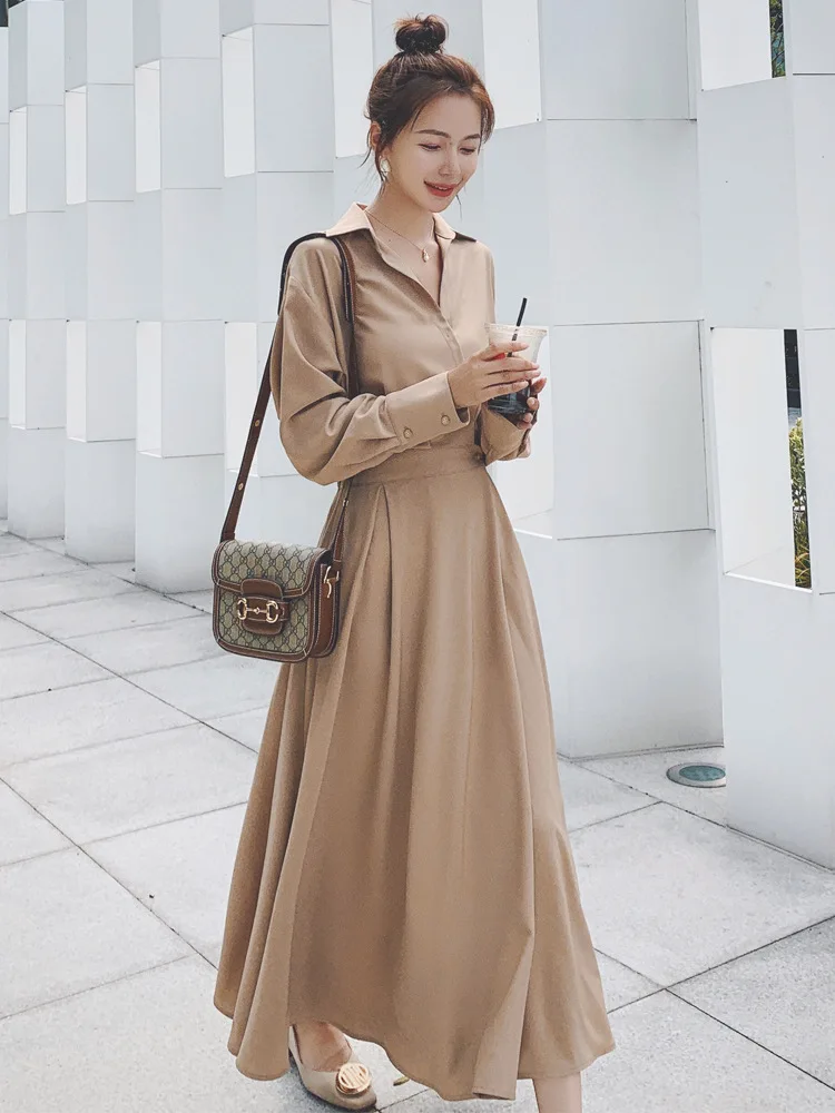 Long-sleeved dress women's 2020 spring and autumn new French waist waist is thin, light mature style goddess fan shirt long skir