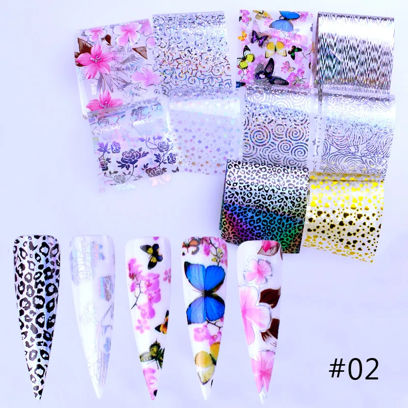 10 шт переводные наклейки из фольги для дизайна ногтей, бумага в стиле ретро, цветные наклейки в виде цветов, клейкая пленка, слайдер, лента для украшения ногтей - Цвет: 02