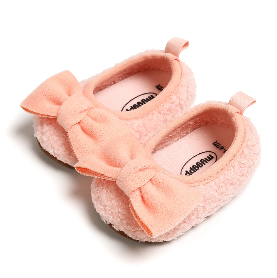LOOZYKIT/детская обувь для новорожденных девочек 0-18 месяцев; теплая плюшевая обувь с бантом для маленьких девочек; обувь для первых шагов; симпатичная обувь с принцессой; сезон осень-зима - Цвет: Розовый