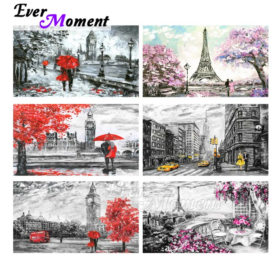 Алмазная мозаика Ever Moment, уличная пара, башня, дерево, цветок, Полная площадь, стразы, алмазная вышивка S2F2408