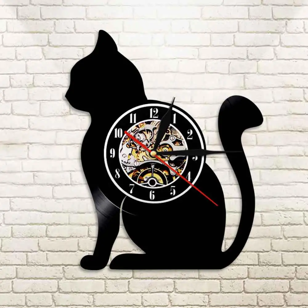 Сидящая кошка силуэт настенные часы кошка Виниловая пластинка часы Уникальный Кот подарок для любителей кошек Pussycat домашний декор Виниловая пластинка искусство