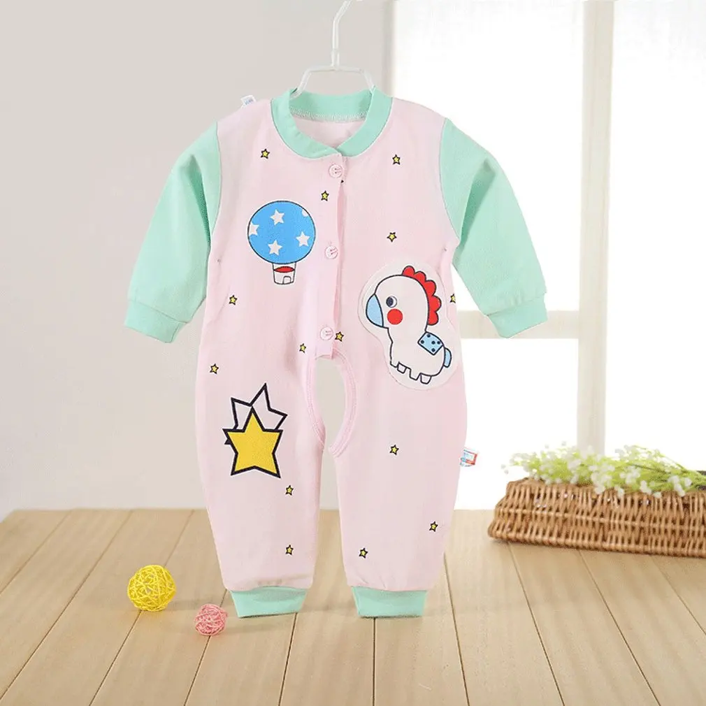 

Spring Autumn Unisex Soft and Comfortable Open Crotch Pony/Star Printing Single Breasted V-neck Long Sleeves Baby Romper