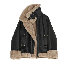 Fashion 2021 Faux Fur Coat Women Fur Collar Leather Jacket Warm Plush Thick Outerwear Winter Ladies Wool Coats Zipper Jackets