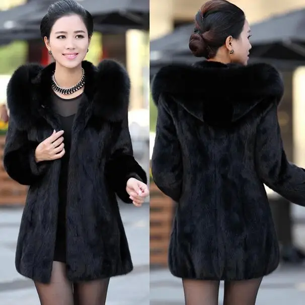 New 2020 Luxury faux Rabbit fur coat Women winter Hooded FoxFur Collar Medium-long lady Overcoat Elegant DC826 | Женская одежда