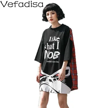 

Vefadisa Plaid Patchwork Women Dress 2020 Summer Double-layer Half Sleeve Letter Print T Shirt Dress Mini Dress Black QYF2123