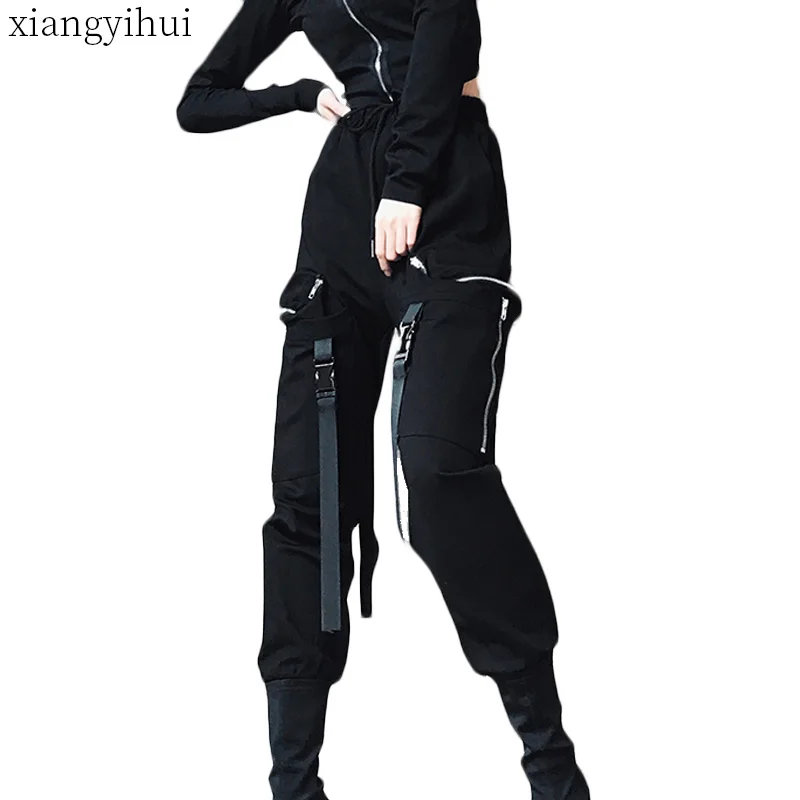 

Steam Punk Black High Waist Cargo Pants Women Pockets Patchwork Casual Loose Streetwear Full Long Pants Autumn New Pencil Pants