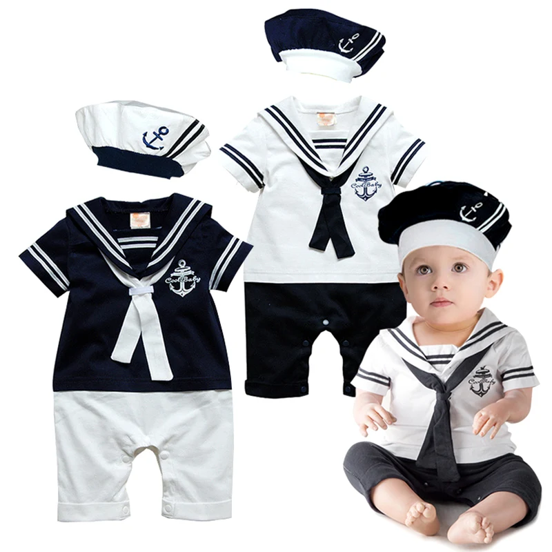 

2020 Summer Newborn Baby Rompers Suit High Quality Kids Boys Girls Romper+Hat Navy Style Cotton Short-sleeve Sailor Body Suits
