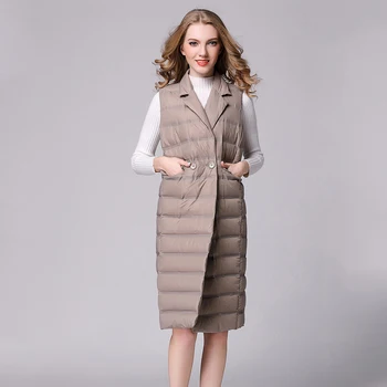 

Women Vests Long Down Jacket Vest Two button Female Slim Sleeveless Jacket Ladies Windproof Warm Waistcoat