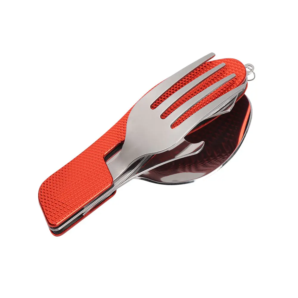 4 in 1 Outdoor Tableware(Fork/Spoon/Knife/Bottle Opener) Camping Stainless Steel Folding Pocket Kits for Hiking Survival Travel - Цвет: scratching-red