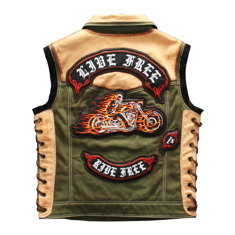 

DHL free Men's Green Motorcycle Style Embroidery Vest Genuine Leather Large Size 4XL Real Horsehide Splicing Slim Fit Biker Vest