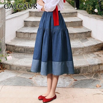 

GALCAUR Patchwork Hit Color Skirt Women High Waist Plus Size Loose Casual Pleated Denim Midi Female Skirts 2020 Clothes New