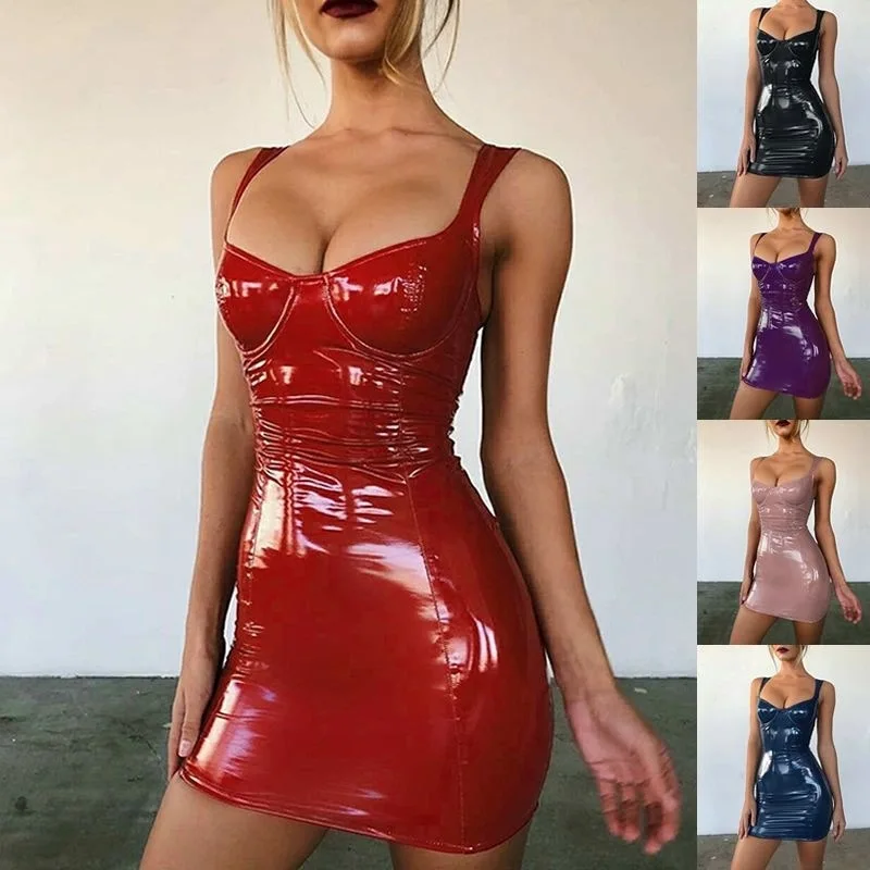 Летнее черное сексуальное платье из искусственной кожи женское Бандажное