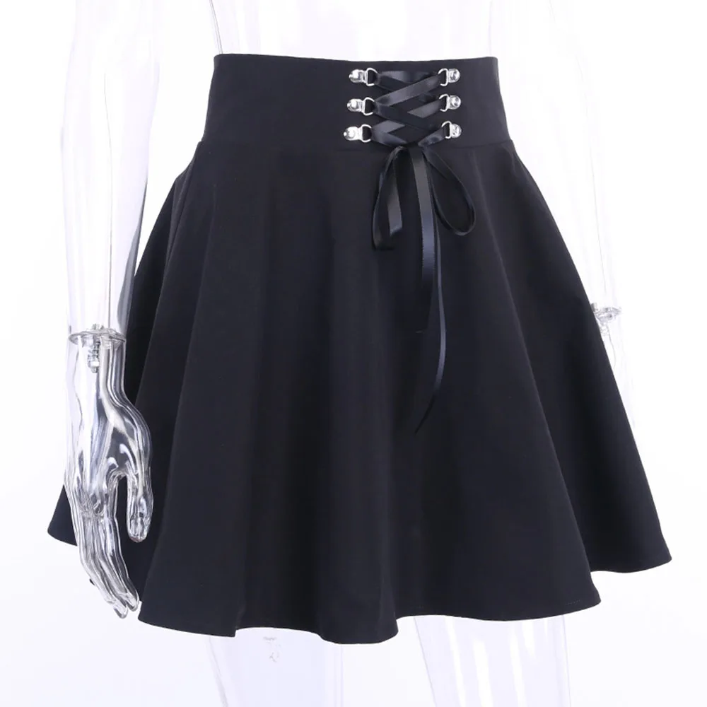 Женская юбка, черная, Готическая, темная, Женская юбка со шнуровкой, на завязках, японский стиль, на молнии, плиссированные юбки, для школьниц, панк-юбка