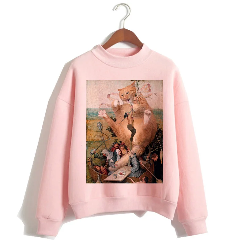 Кошка Ван Гог Розовая Толстовка забавная Женская мультяшная каваи с капюшоном Harajuku Толстовка с принтом женская одежда 90s теплая - Цвет: P1847O-pink