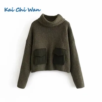 

Kai Chi Wan new women's dress European and American high waist long sleeve drop shoulder joint pocket decoration loose Pullover