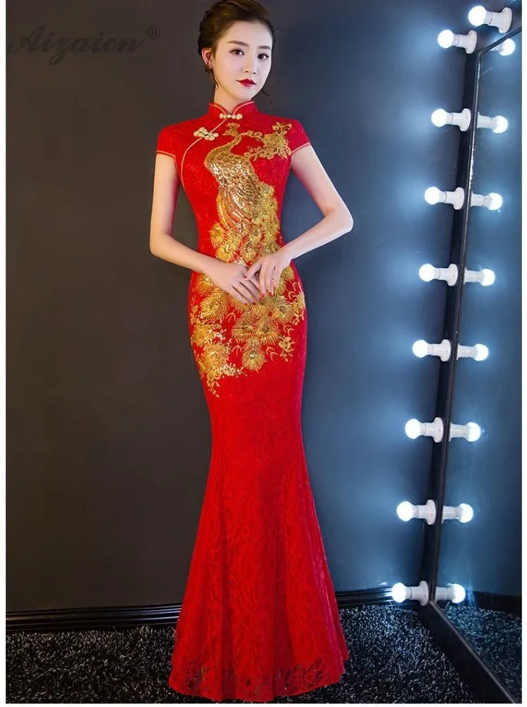Красный Русалка феникс вышивка Cheongsam современная мода блестками и длинными Qi Pao Для женщин Китайский традиционный свадебный платье